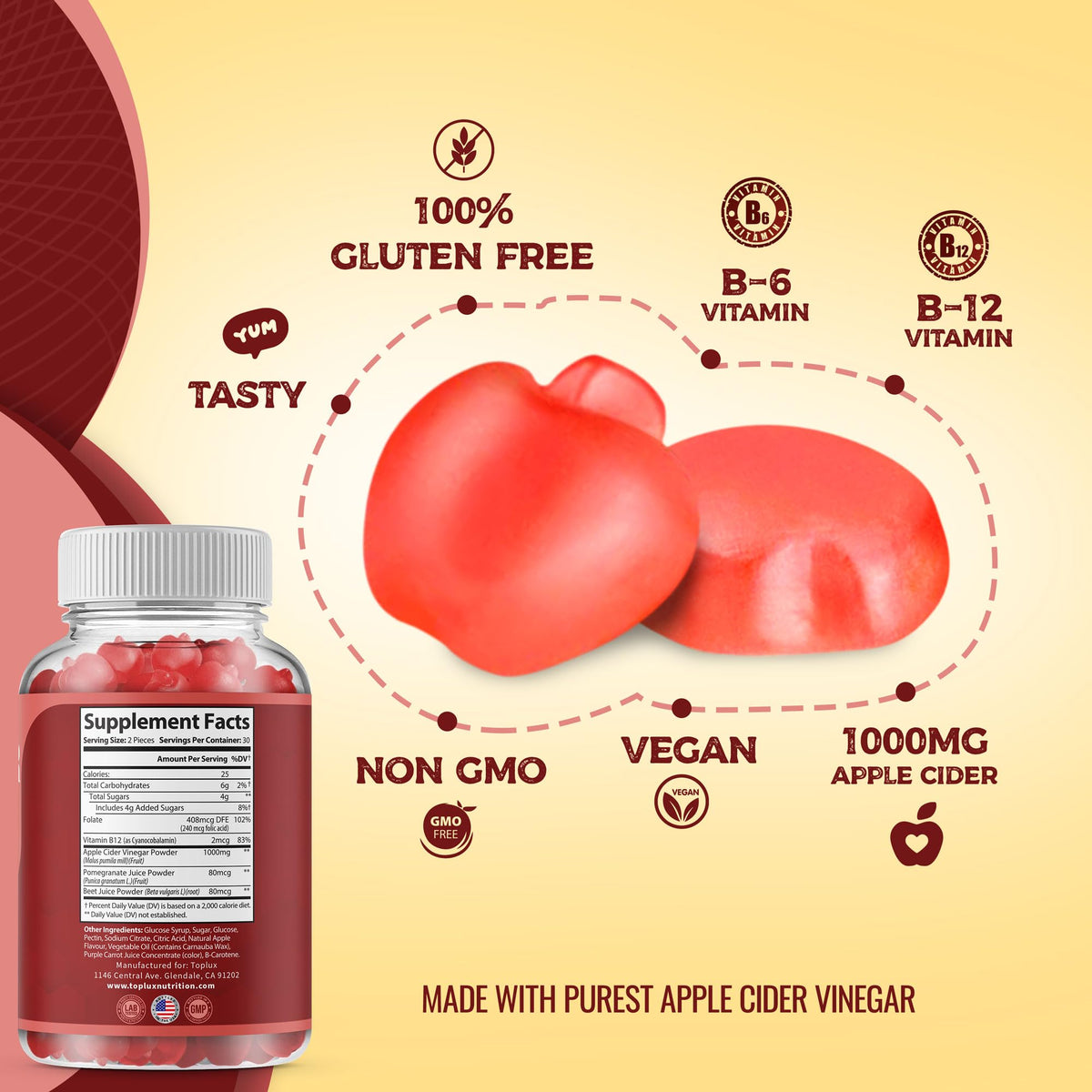 Toplux Apple Cider Vinegar Gummies - 1000mg Organic ACV with The Mother