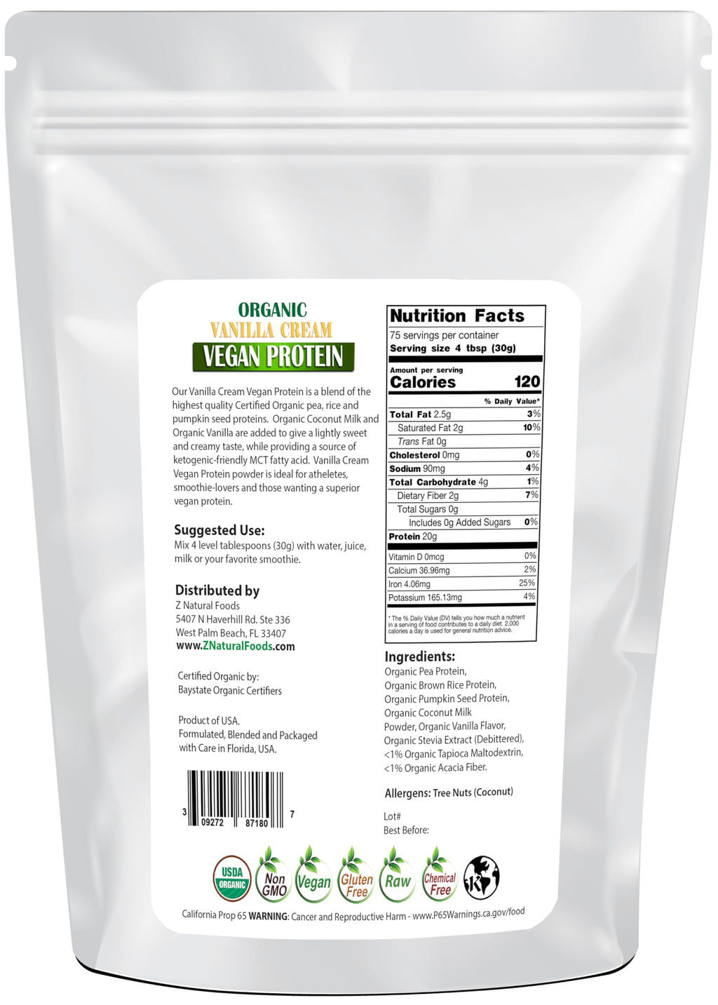 Z Natural Foods Organic Vanilla Cream Vegan Protein Powder - 80 oz - image 2
