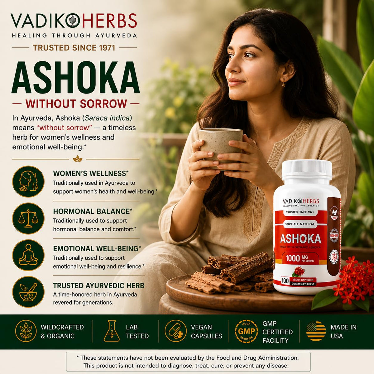 Vadik Herbs Ashoka Bark 1000 mg Women's Wellness - 100 Vegetarian Capsules - image 3