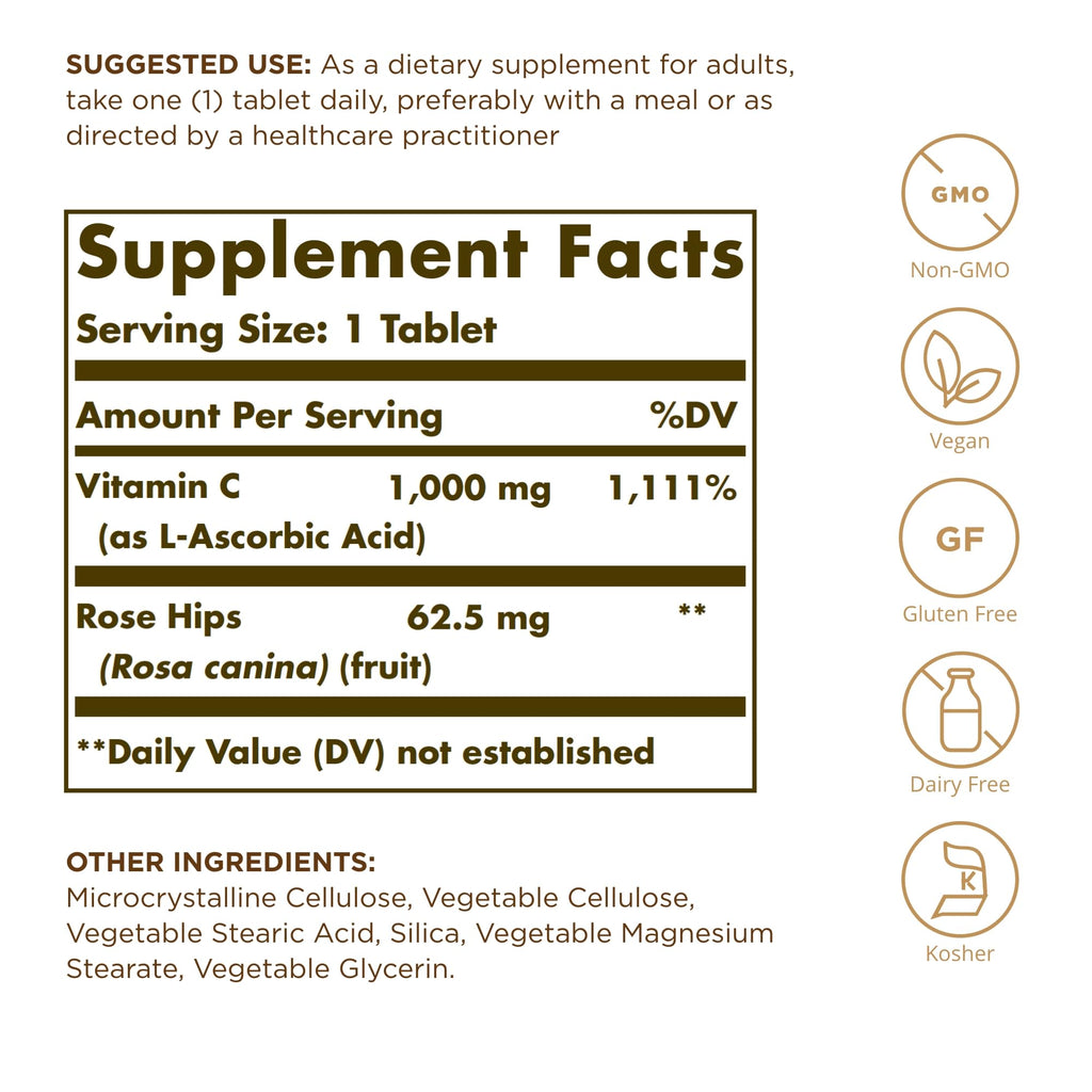 Solgar Vitamin C 1000 mg with Rose Hips - 100 Tablets - image 2