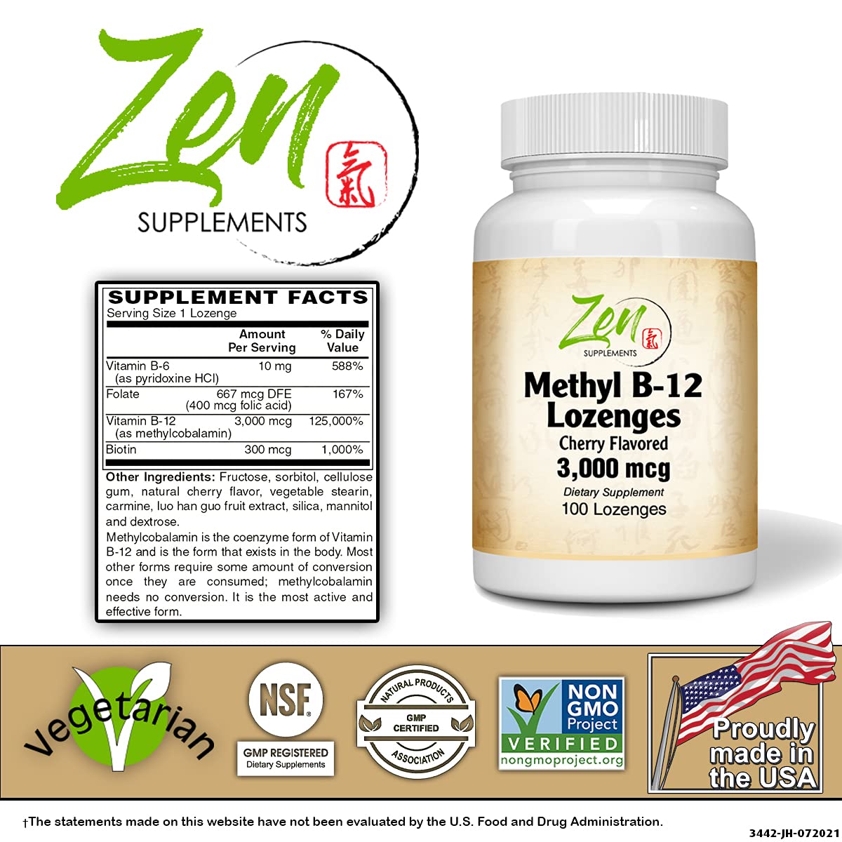 Zen Supplements Methylated B12 with Folic Acid - 100 Lozenges - image 2