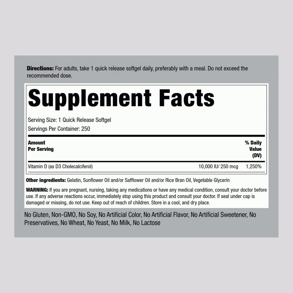 Piping Rock Vitamin D3 10000 IU - 250 Softgels - image 2