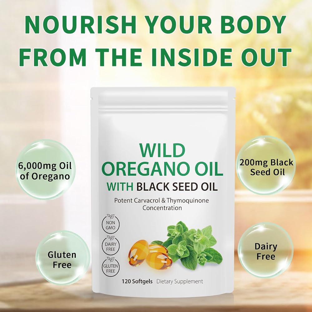 Nyloriaine 120PCS Oil of Oregano with Black Seed Oil Boosts Immune
