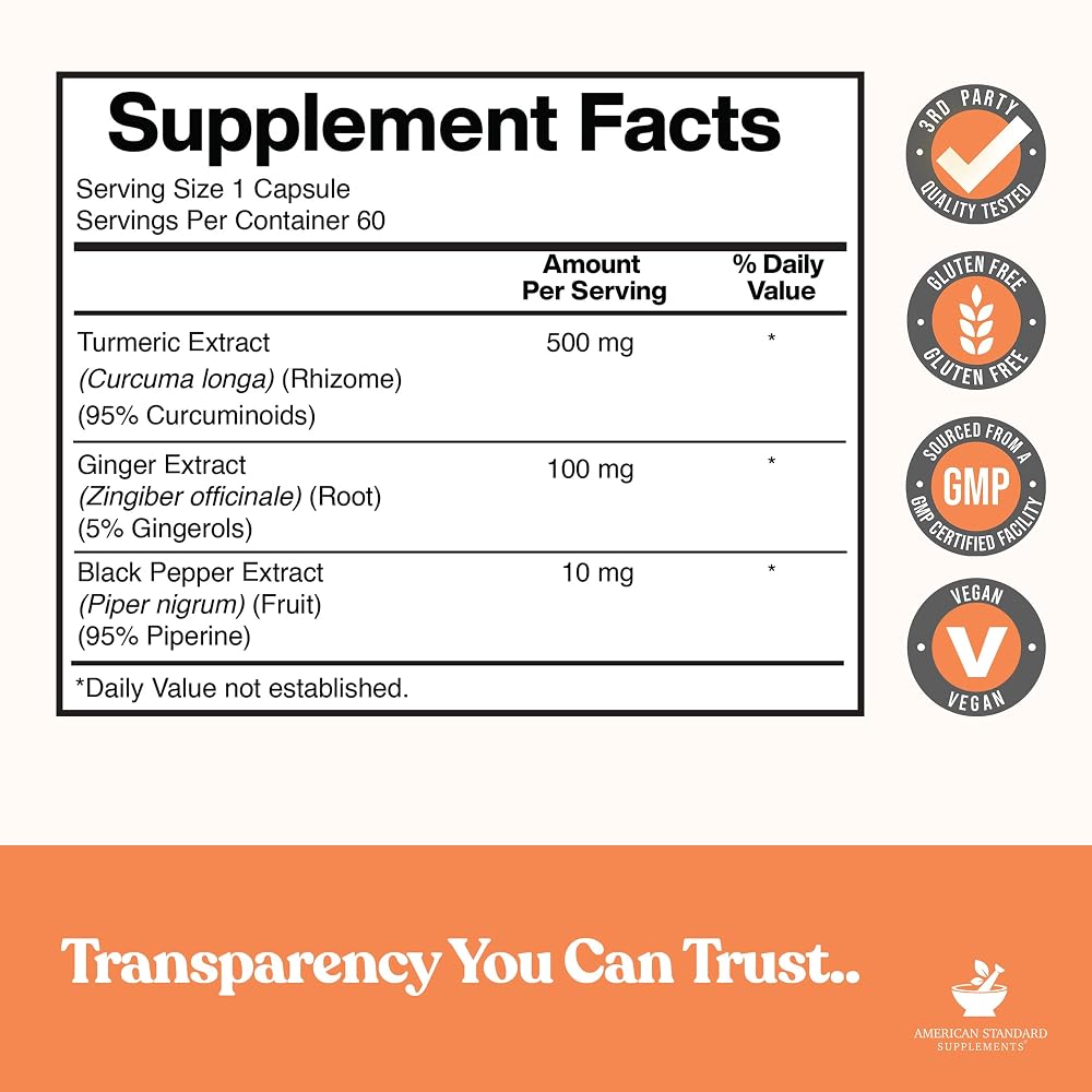 American Standard Supplements Turmeric Extract Curcumin 95% - 60 Vegan Capsules - image 2