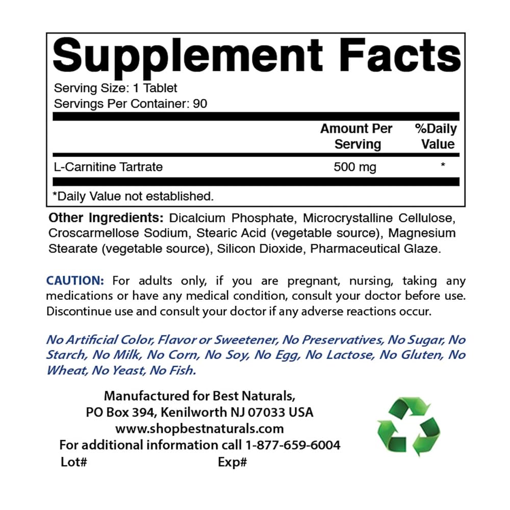 Best Naturals L-Carnitine Tartrate 500 mg - 90 Tablets - image 2