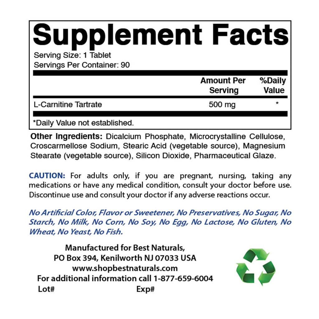 Best Naturals L-Carnitine Tartrate 500 mg - 90 Tablets - image 2