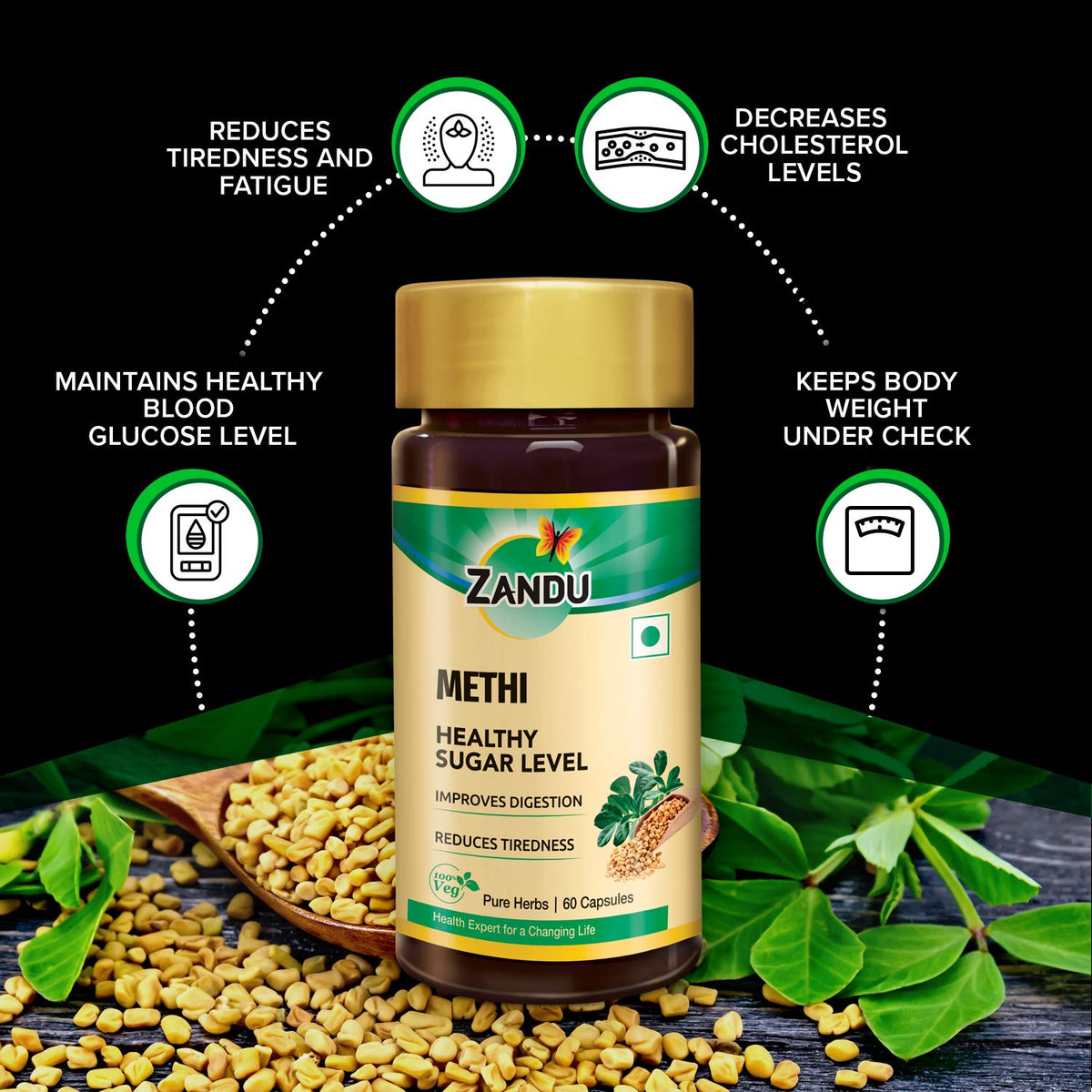 Zandu Methi Fenugreek Capsules for Healthy Sugar Levels - 60 Vegetarian Capsules - image 3