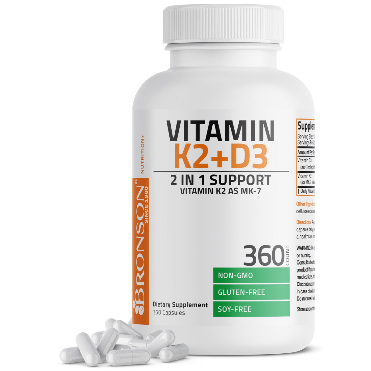 Bronson Vitamin K2 D3 (MK7) Supplement - 360 Capsules