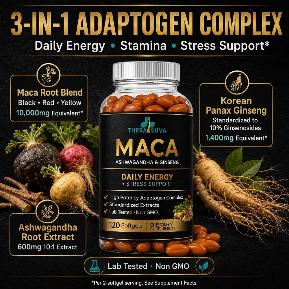 TheraSuva Ashwagandha Maca Root Panax Ginseng Supplement - 120 Softgels - image 5