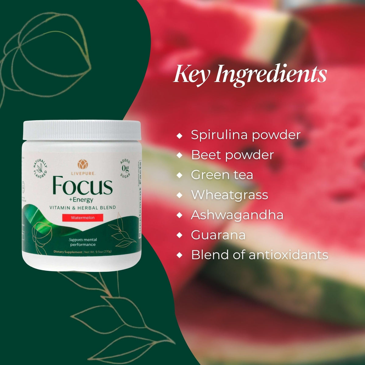 PURE Focus + Energy Drink Mix Zero Sugar Watermelon - 9.5 oz - image 4