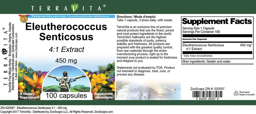 Terravita Eleutherococcus Senticosus 4:1 450 mg - 300 Capsules - image 2