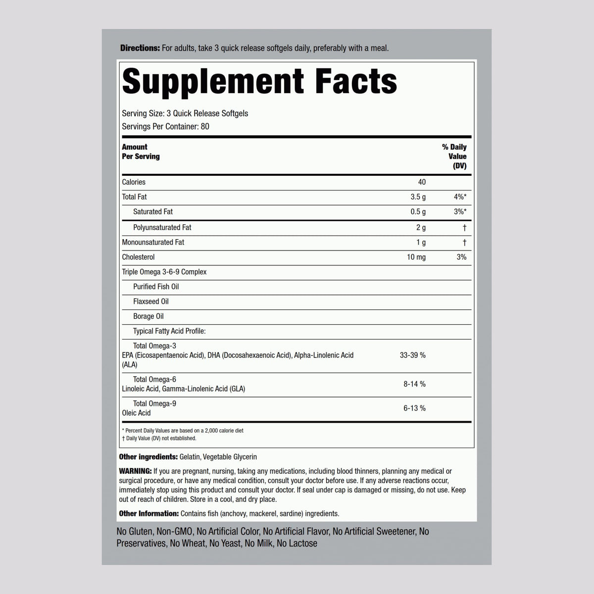 Piping Rock Omega 3 6 9 Supplements - 240 Softgels - image 2