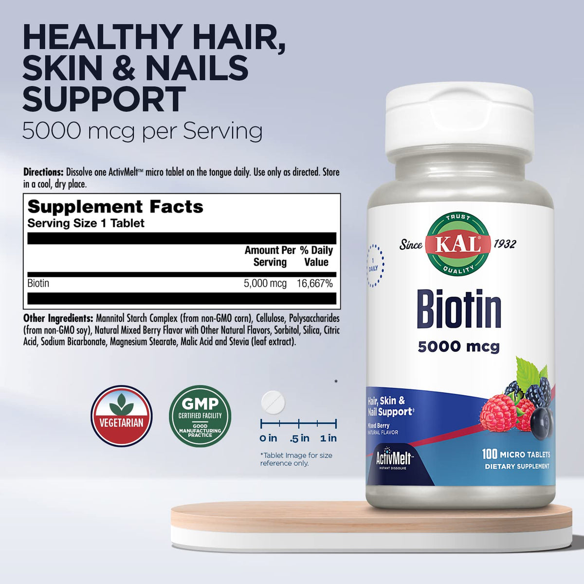 KAL Biotin 5000mcg ActivMelt Healthy Hair Skin & Nails - 100 Tablets - image 2