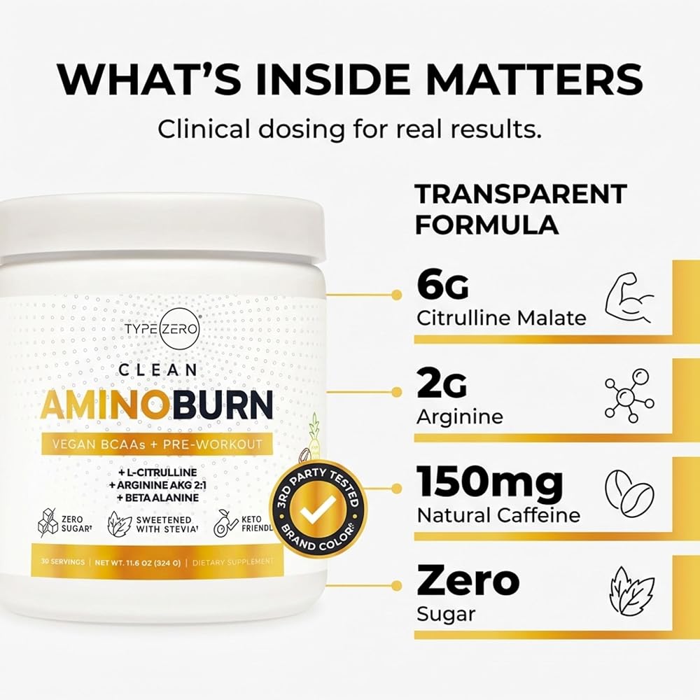 Type Zero Amino Burn Vegan BCAAs Pre-Workout Powder - 30 Servings - image 3
