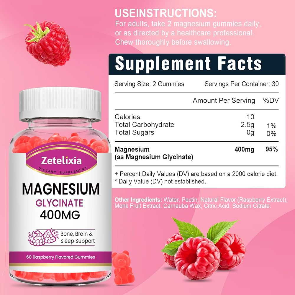 Zetelixia Magnesium Glycinate Gummies, Raspberry Flavor, 60 Count