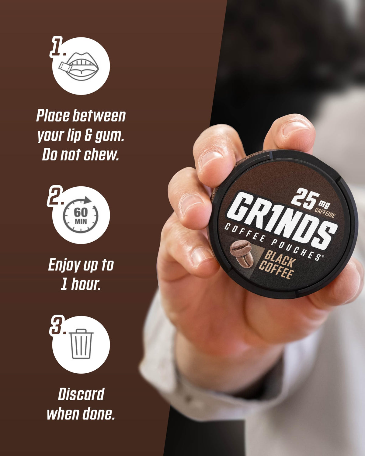 GRINDS Black Coffee Pouches, 25mg Caffeine - 6 Cans - image 5