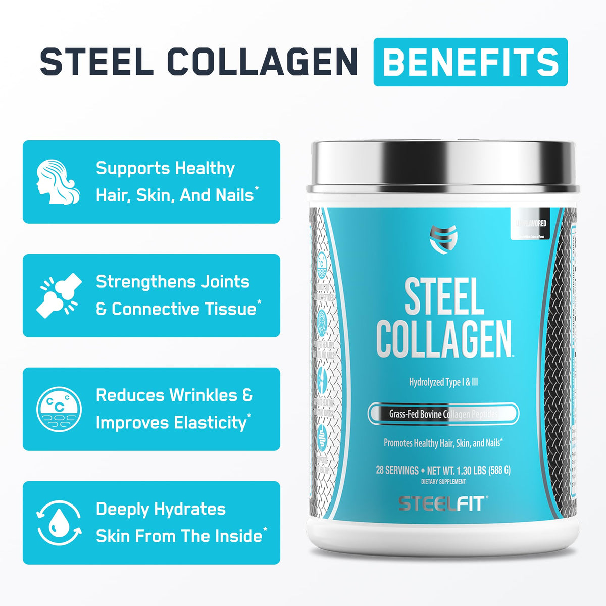 SteelFit Grass-Fed Collagen Peptides Powder Unflavored - 28 Servings - image 2