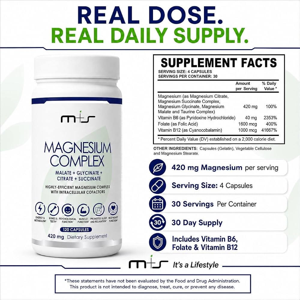 M+S Magnesium Complex 420mg with B-Vitamins - 120 Capsules - image 8