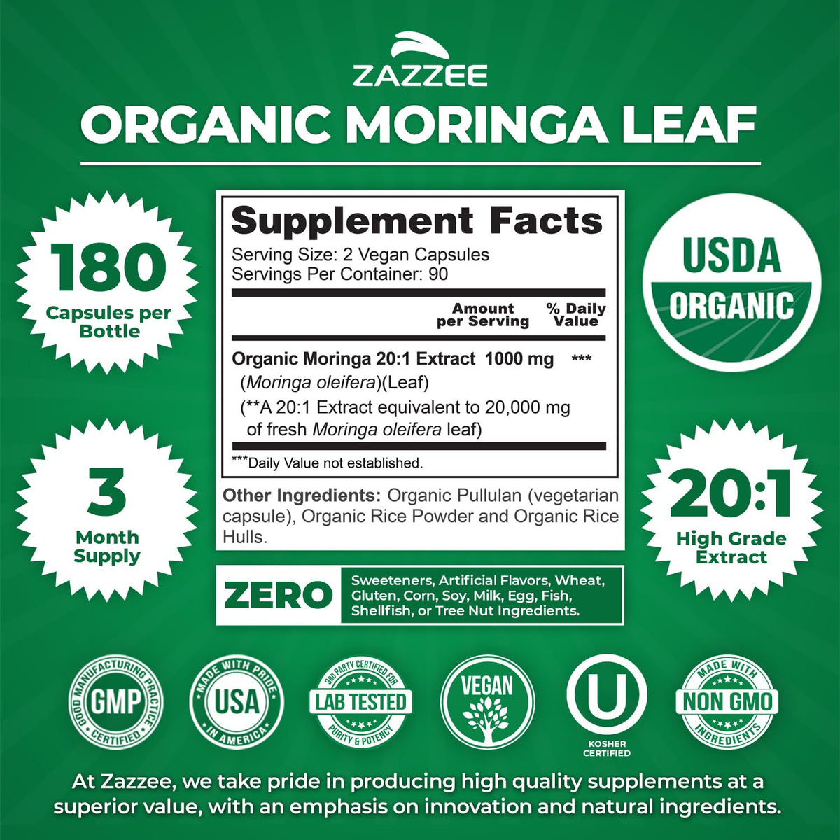 Zazzee USDA Organic Moringa Leaf 20:1 Extract - 180 Capsules - image 3