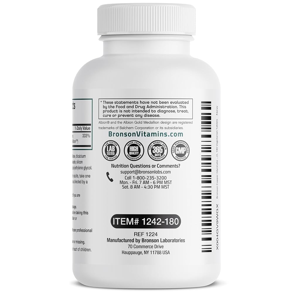Bronson Copper 3 mg Bisglycinate Chelate - 180 Vegetarian Tablets - image 7