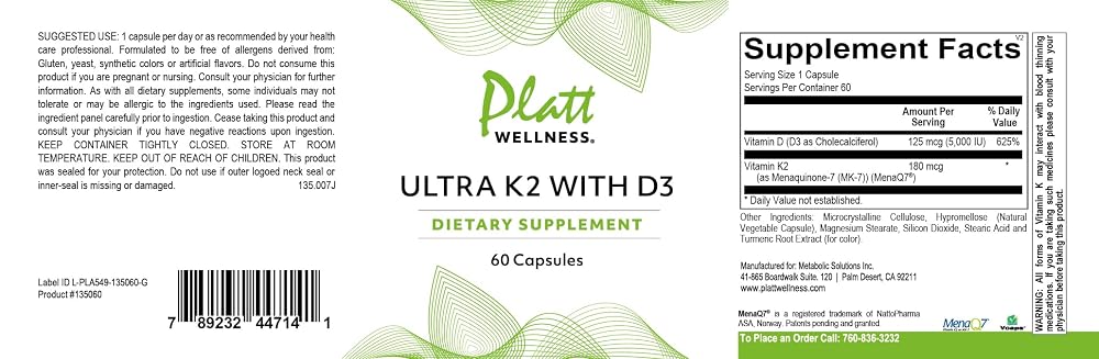 Platt Wellness Ultra K2 with D3 Vitamin K2 & D3 - 60 Capsules - image 2