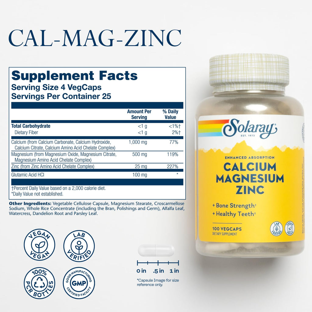 Solaray Calcium Magnesium Zinc - 100 Capsules - image 2