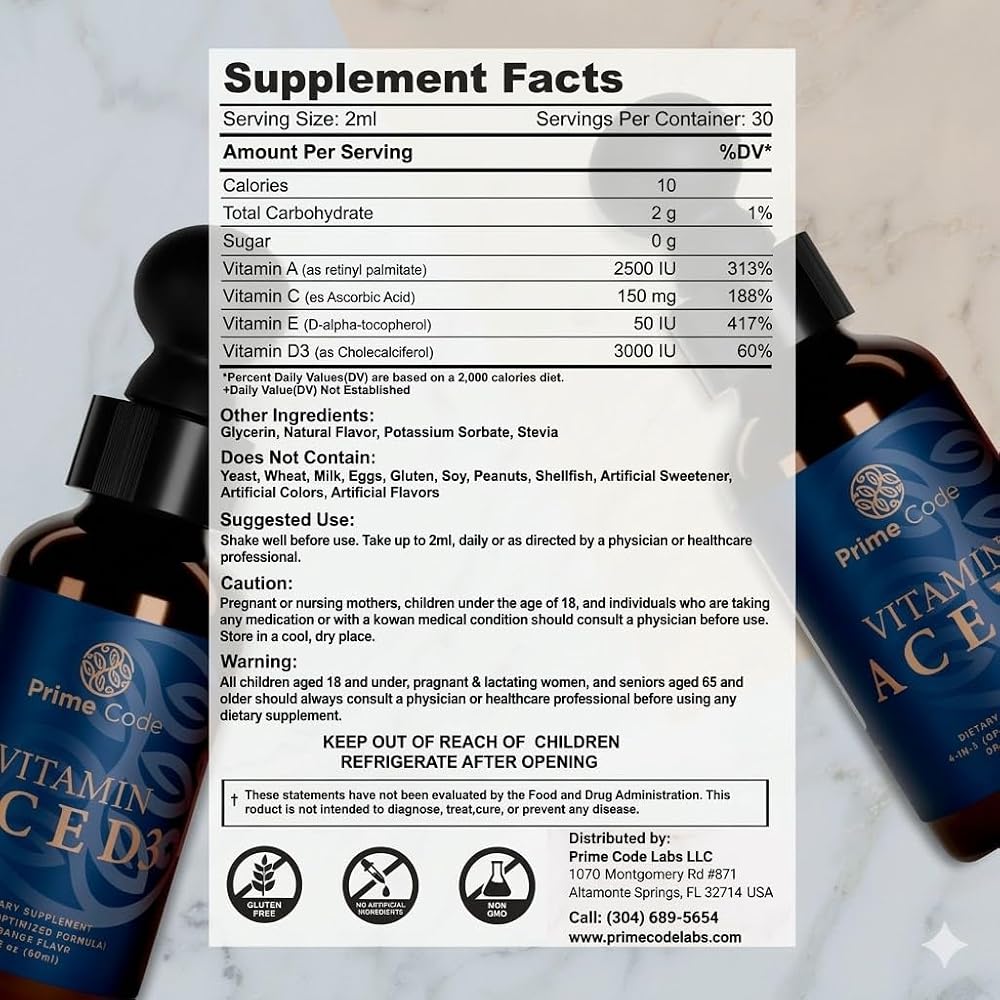 Prime Code Vitamin A C E D3 Liquid Drops for Immune Support - 2 Fl Oz - image 3