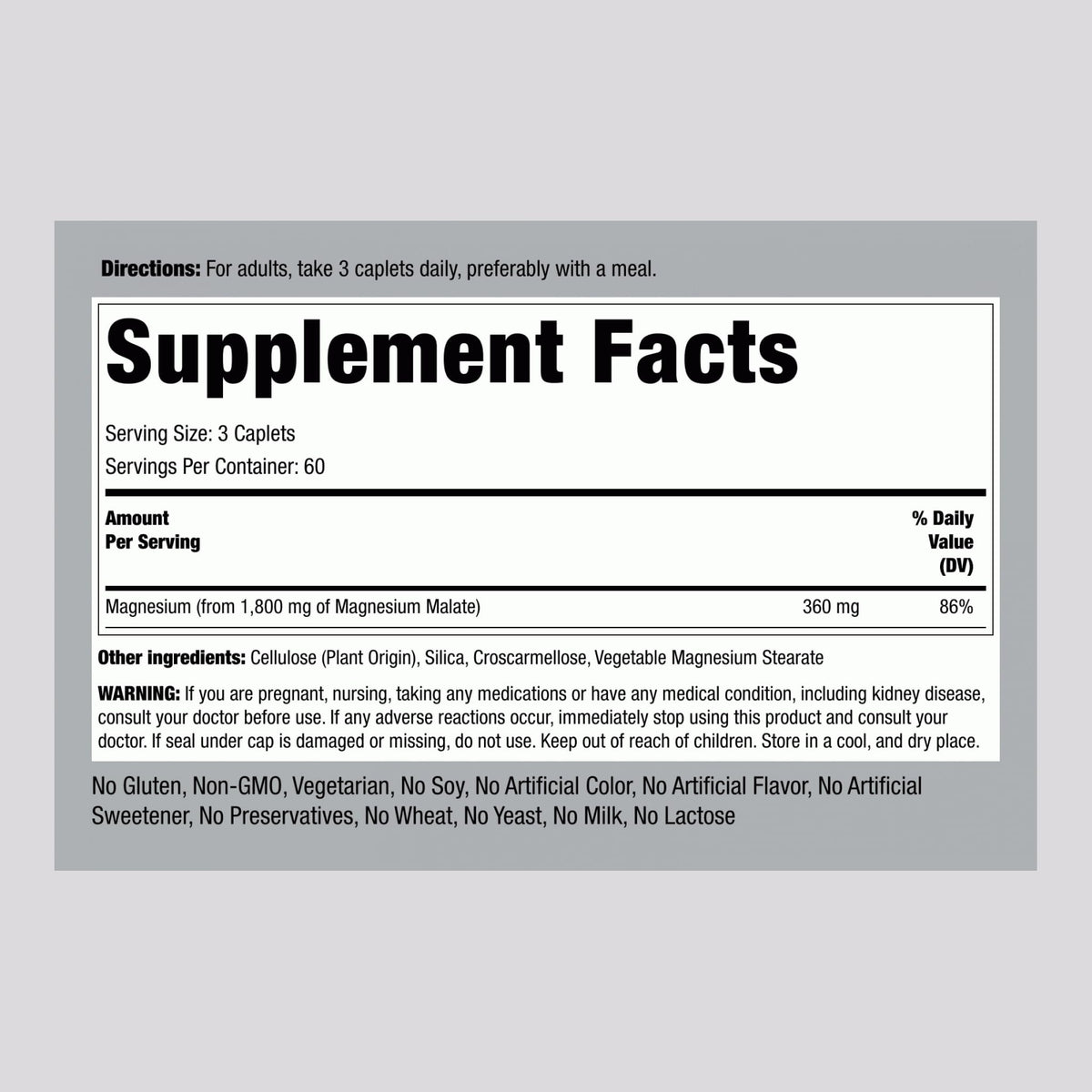 Piping Rock Magnesium Malate 1800 mg - 180 Caplets - image 2