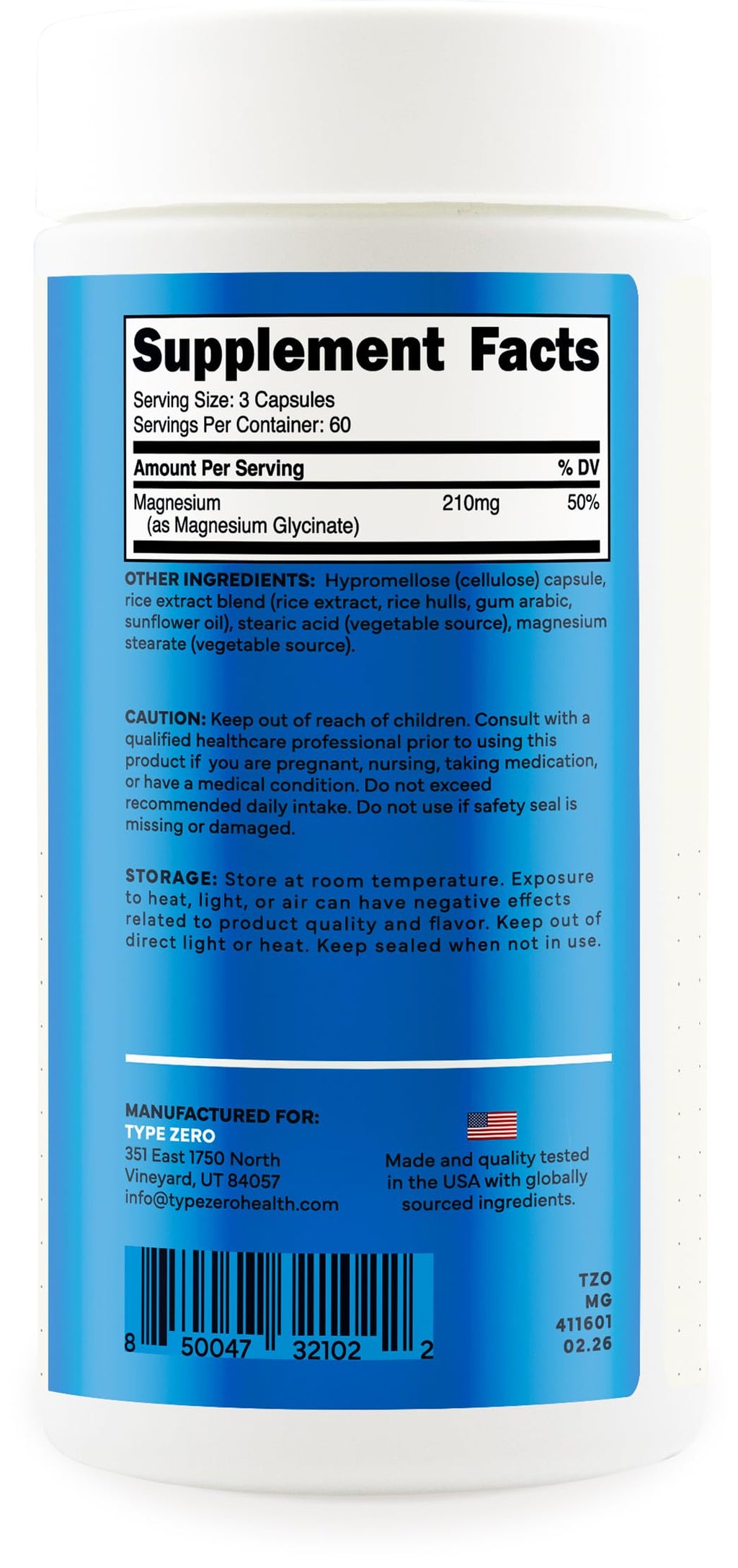 Type Zero Magnesium Glycinate 210mg - 180 Capsules - image 4