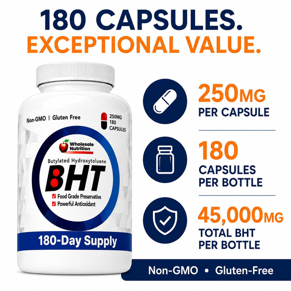 Wholesale Nutrition BHT 250mg Antioxidant - 180 Capsules - image 2