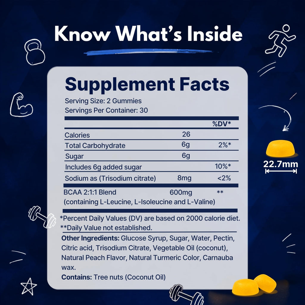 Vitamatic BCAA Gummies - Branch Chain Amino Acid Supplements - Peach