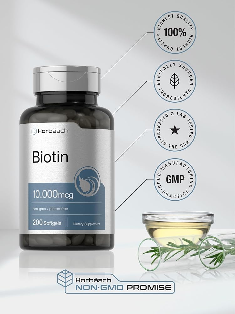 Horbäach Biotin 10000 mcg Vitamin B7 - 200 Softgels - image 6
