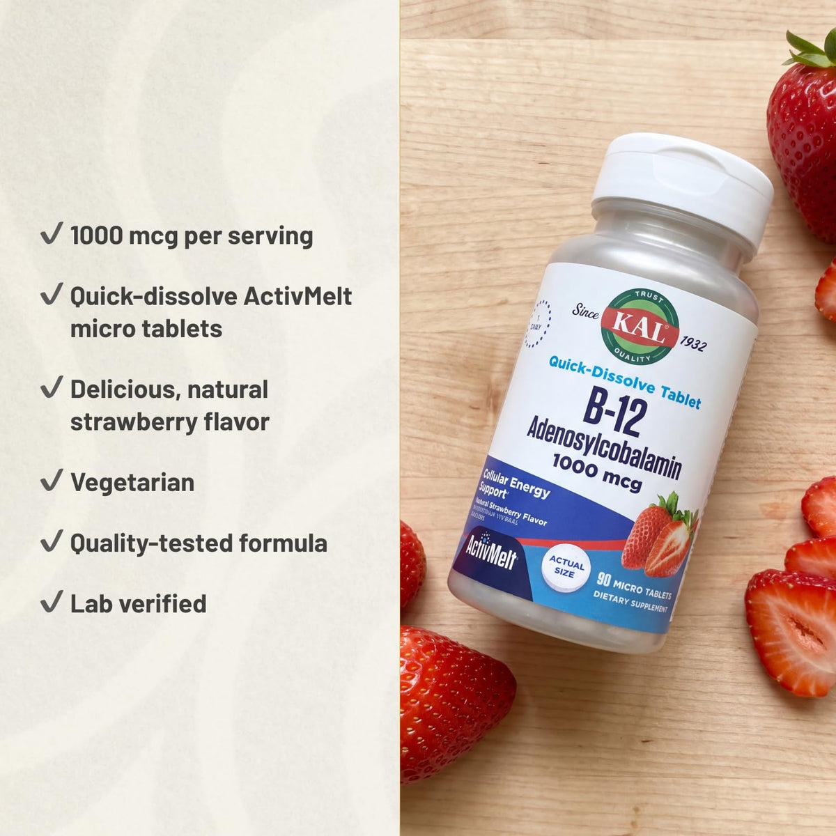 KAL Vitamin B12 1000 mcg Adenosylcobalamin - 90 Tablets - image 4