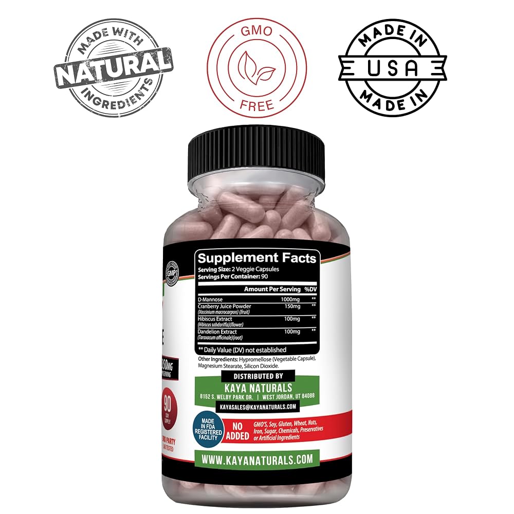 Kaya Naturals D-Mannose Capsules with Cranberry - 180 Vegetarian Capsules - image 3