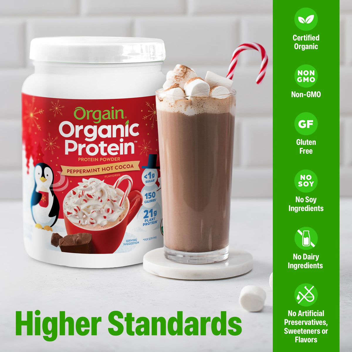 Orgain Organic Vegan 21g Protein Powder, Peppermint Hot Cocoa, 1.02 lb