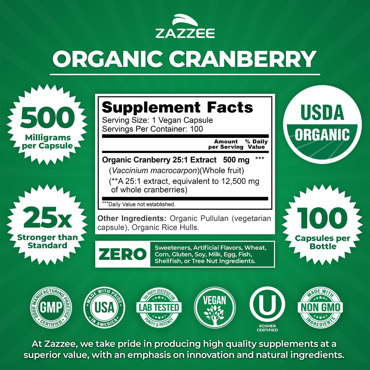 Zazzee USDA Organic Cranberry 25:1 Extract 500mg - 100 Capsules - image 3
