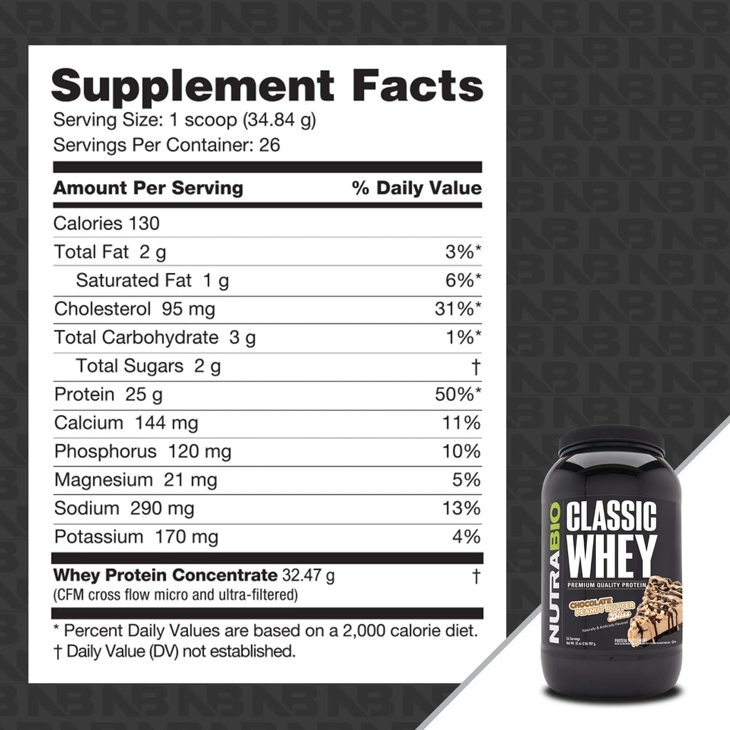 NutraBio Classic Whey Protein Powder Supplement - 25g of Protein Per