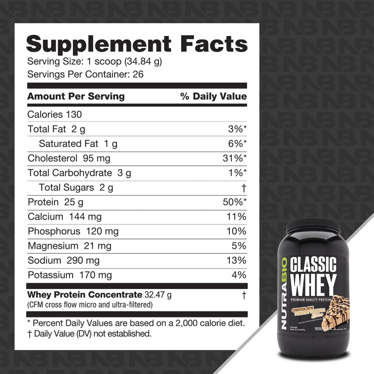 NutraBio Classic Whey Protein Powder Supplement - 25g of Protein Per