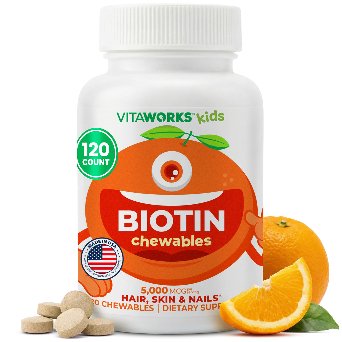 VitaWorks Kids Biotin Chewable Tablets 5000mcg Hair Skin Nails - 120 Count