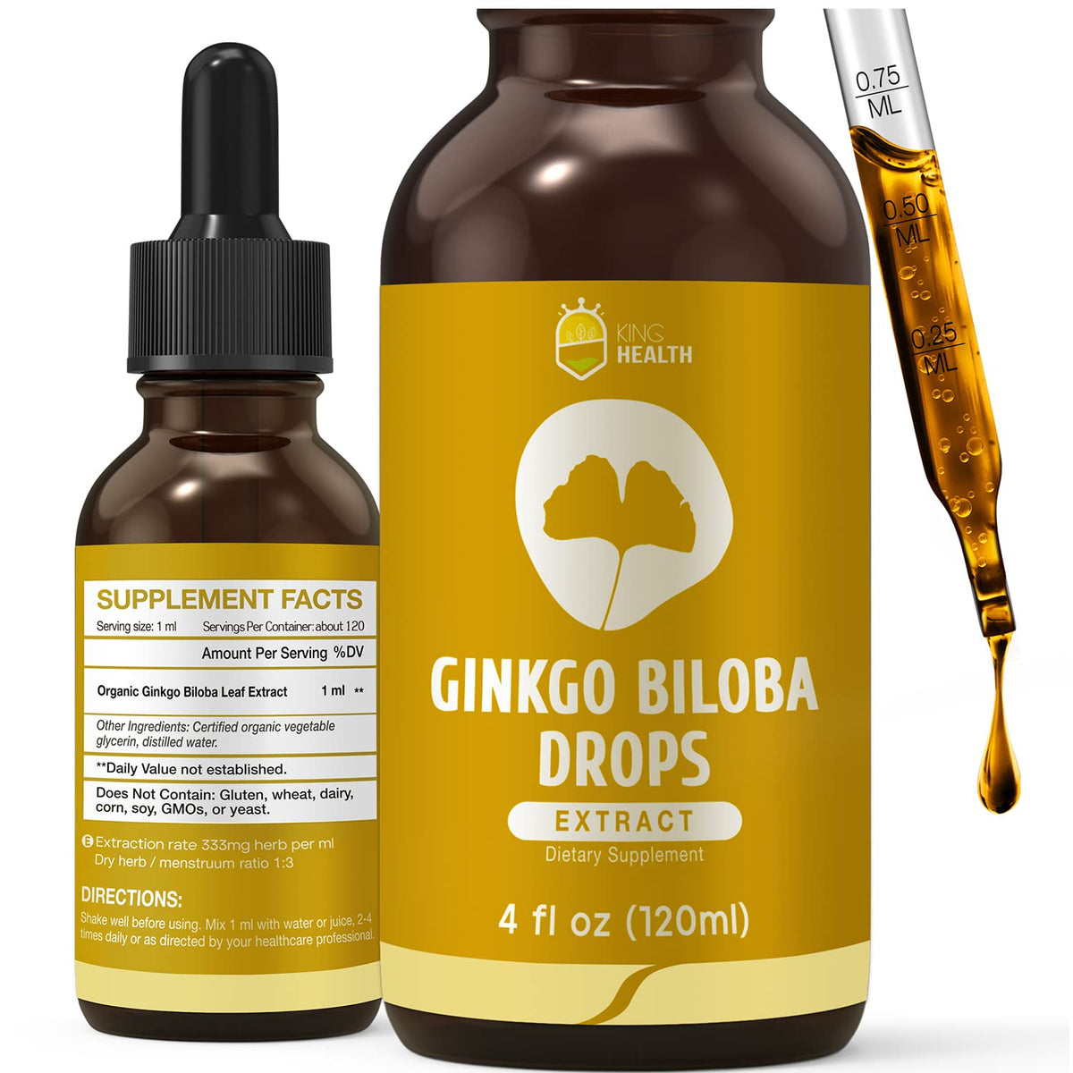 KingHealth Organic Ginkgo Biloba Drops for Brain Focus - 4 oz