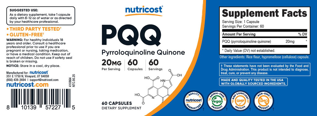 Nutricost PQQ (Pyrroloquinoline Quinone) Capsules 20mg - Veggie