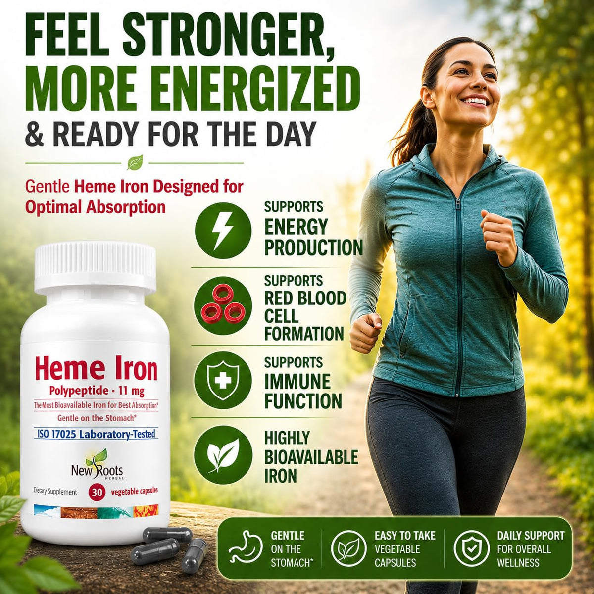 NEW ROOTS HERBAL Heme Iron 11 mg with Vitamin C & B12 - 30 Vegetable Capsules - image 2
