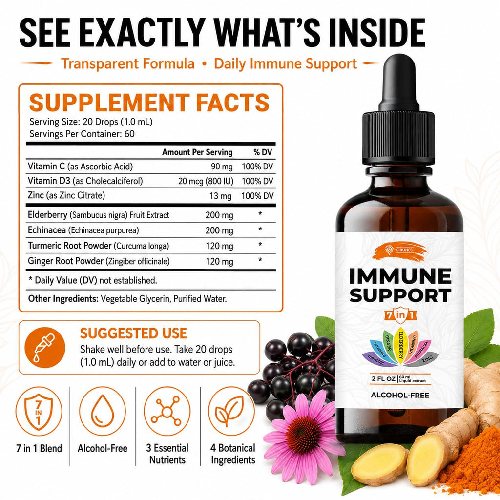 SIRUNES Immune Support Liquid Drops with Vitamin C & D3 - 2 Fl Oz - image 6