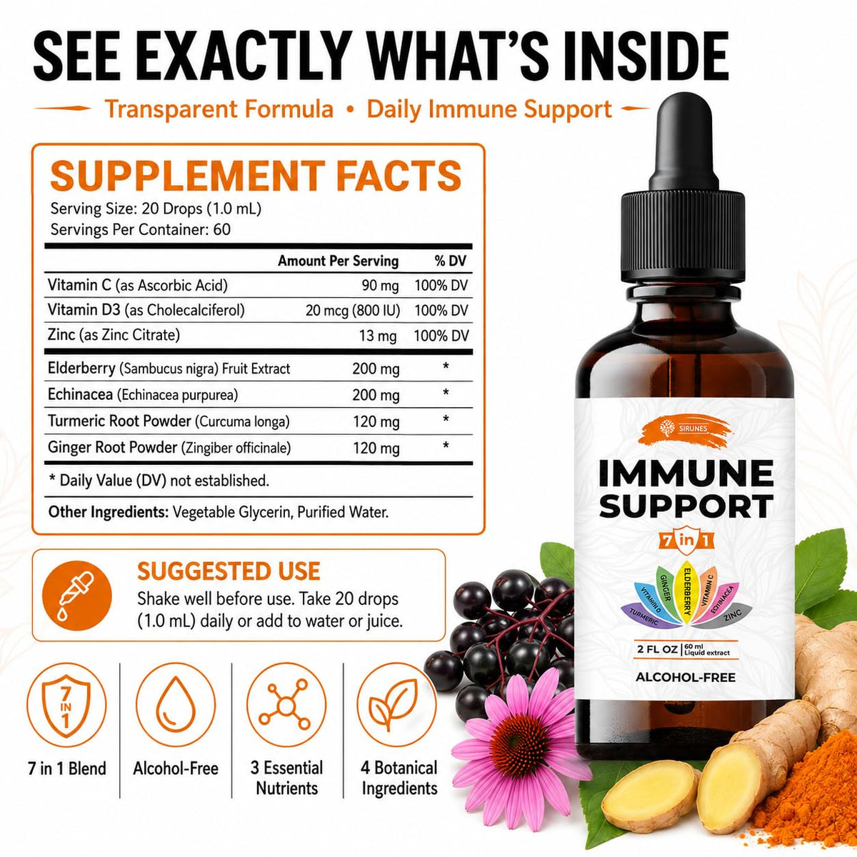SIRUNES Immune Support Liquid Drops with Vitamin C & D3 - 2 Fl Oz - image 6