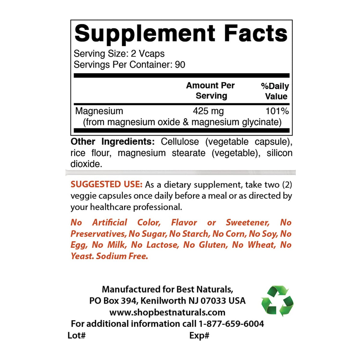 Best Naturals Magnesium 425 mg 180 Veggie Capsules - High Absorption