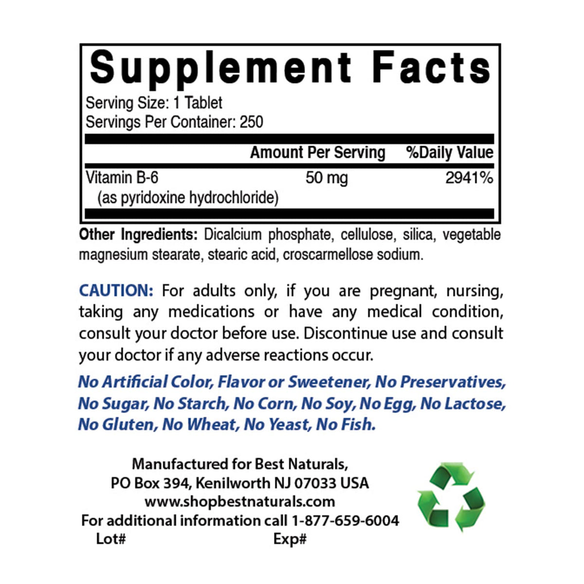 Best Naturals Vitamin B6 50 mg - 750 Tablets - image 2