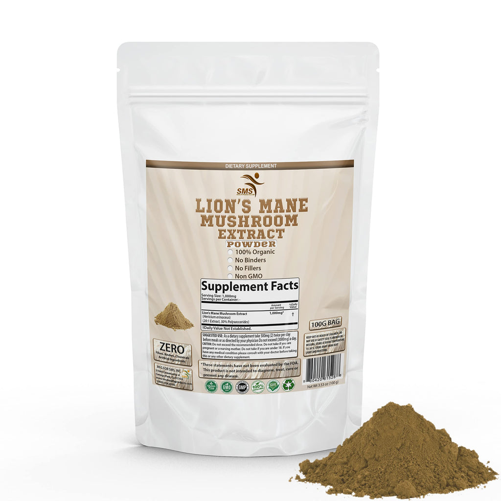 SMSHEALTHPRODUCTS.com Lion's Mane Mushroom Powder 50% Polysaccharides - 100G
