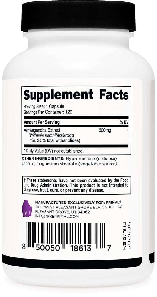 Primal Ashwagandha Root Extract 600mg - 120 Capsules - image 5
