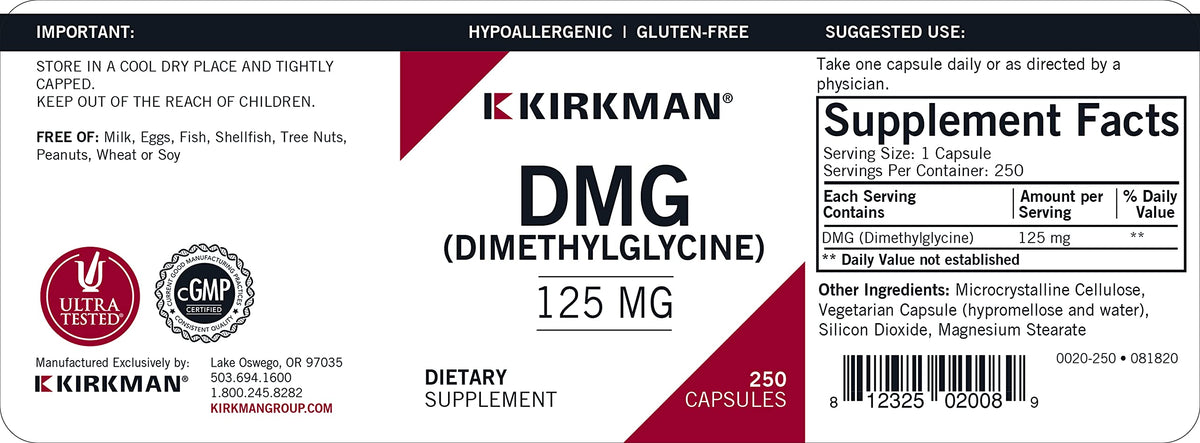 Kirkman DMG (Dimethylglycine) 125 mg - 250 Vegetarian Capsules - image 3