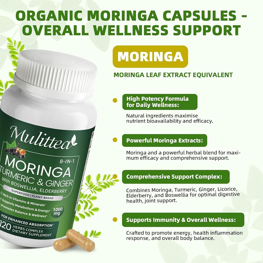 Mulittea Moringa Capsules 1000mg with Ashwagandha & Turmeric - 120 Capsules - image 3
